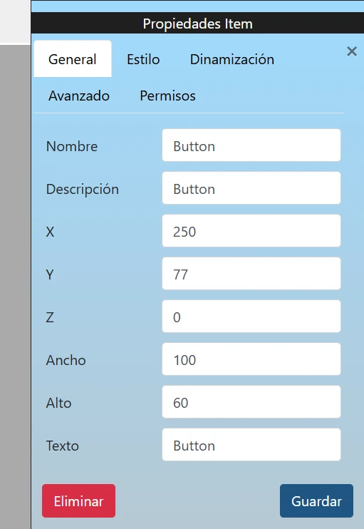 Panel de Propiedades para configuración de elementos